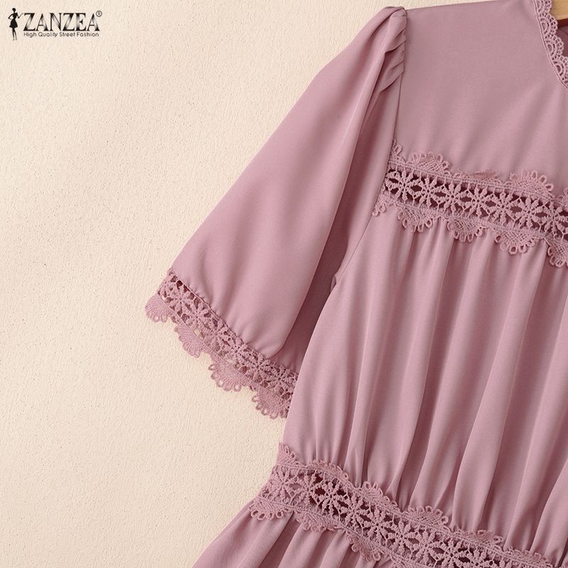 ZANZEA Women Elegant Round Neck Summer Casual Short Sleeve Long Dress