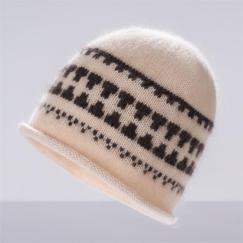 Vintage Fair Island Jacquard Knitted Cold Hat Women's Autumn and Winter Big Head Circumference Curled Wool Hat Warm Face Small Hat