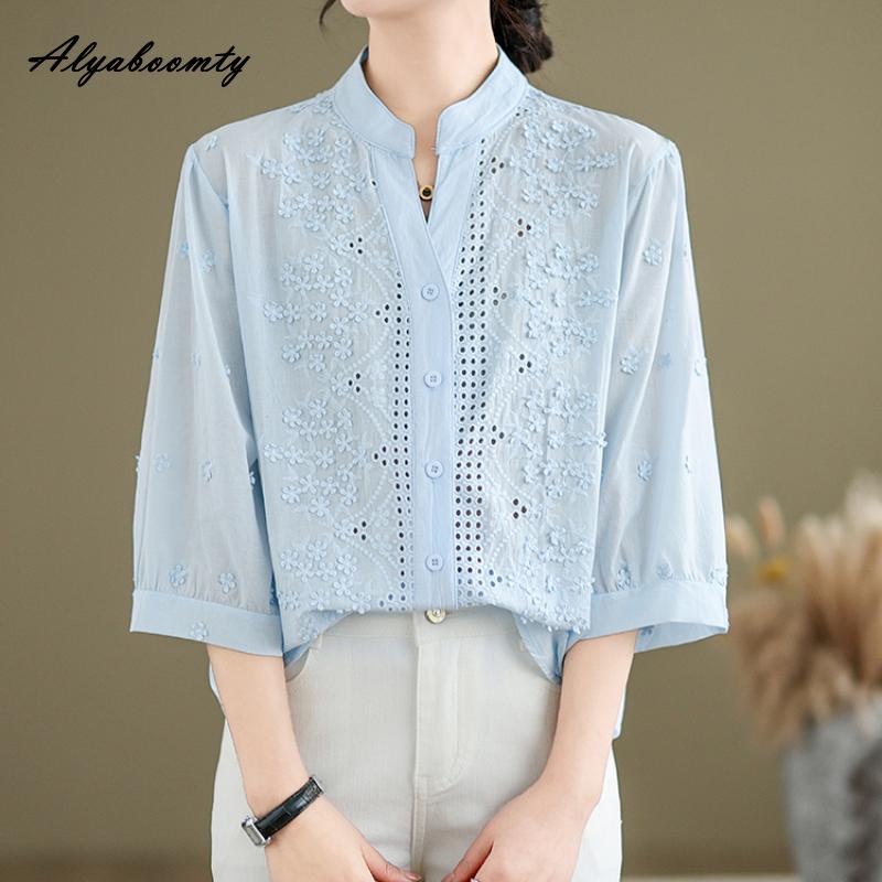 Korean Style Summer Autumn Women Cotton Blouse V Neck Black Yellow