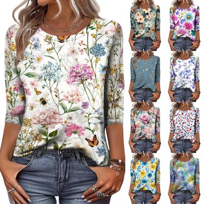 Women’s Crew Neck Three Quarter Sleeve Floral Print Casual Top Loose Fit Lightweight Pullover Blouse for Daily Wear