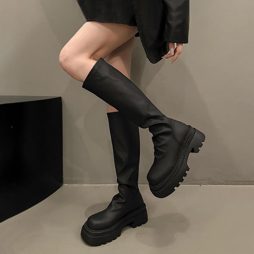 Boots Women's Autumn and Winter Boots 2025 New Popular Black Thick-soled Tall Skinny Boots Women's Boots Stacking Boots