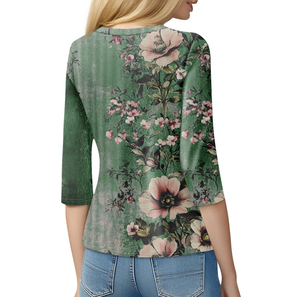 Damenmode Lässiges Rundhals-T-Shirt mit 3/4-Ärmeln und lockerem Aufdruck