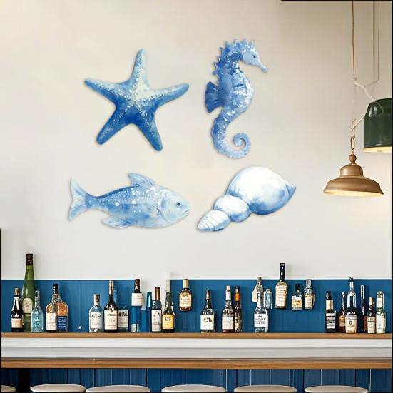 4 Pcs Wooden Beach Wall Decor Coastal Ocean Starfish Seahorse Conch Fish Wall Art Nautical Theme Home Decor for Farmhouse Living Room Bathroom