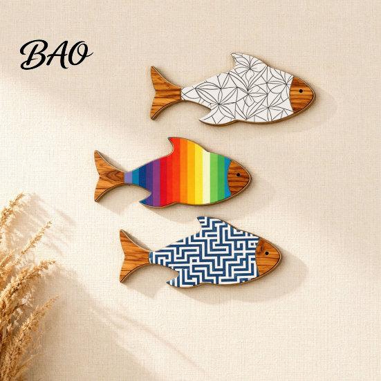 Fish Wall Decor 3Pcs/Set Wooden Coastal Art, Rustic Handcrafted Decor, Artistic Nautical Sculpture for Living Room, Beach Lake House Room