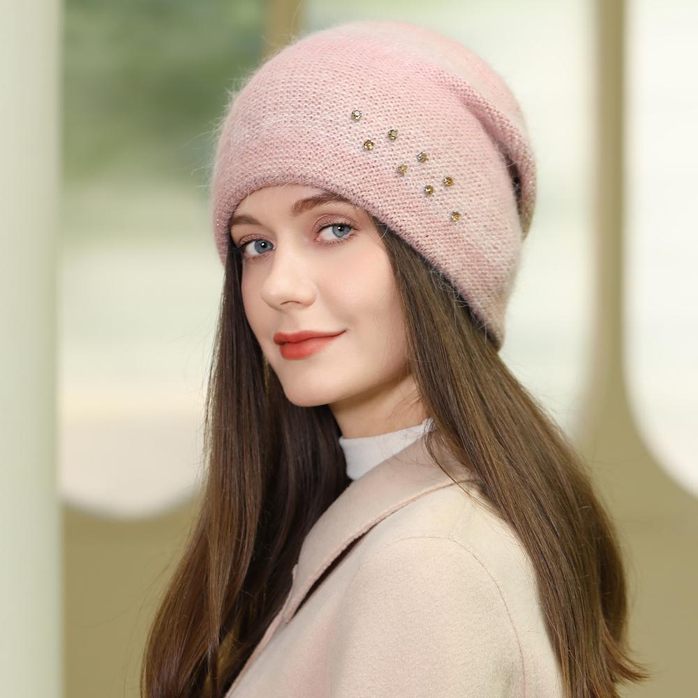 

New Women Rabbit Fur Gradient Winter Hat Fashion Decorate Beanie Hat Warm Winter Cap For Female Casual Streetwear Knitted Hat 55cm-58cm рожевий