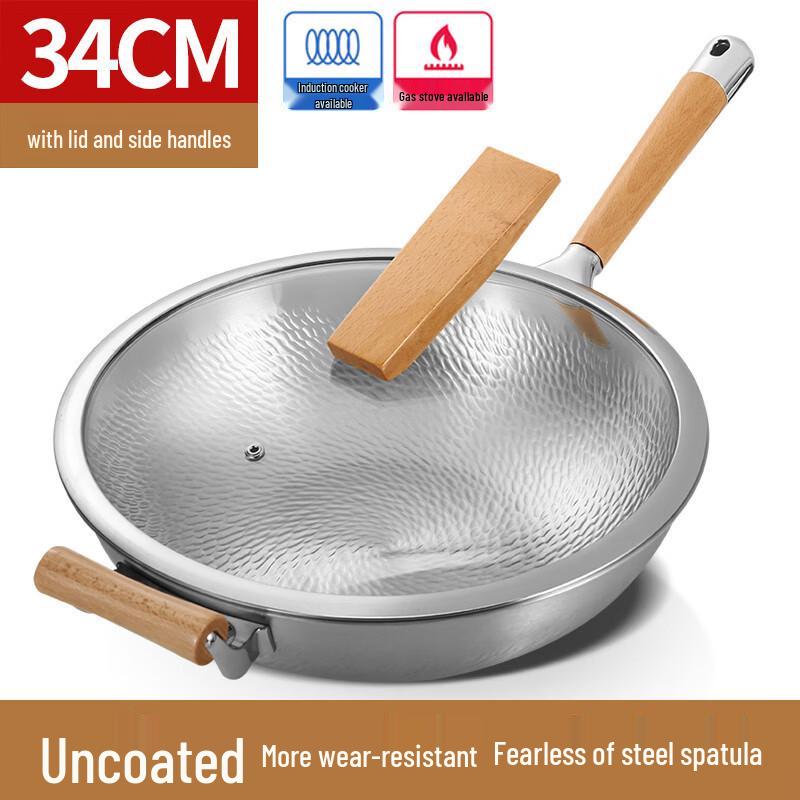 ZISIZ 304 Stainless Steel Hammered Wok with Standable Lid