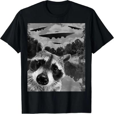 Graphic Tee Raccoon Selfie with UFO Alien Weird T-Shirt