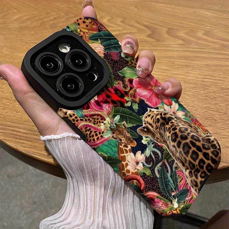 Leopard and tropical floral pattern phone case suitable for iPhone 17 16 15 14 13 12 11 Pro/Max/Plus anti drop and shockproof