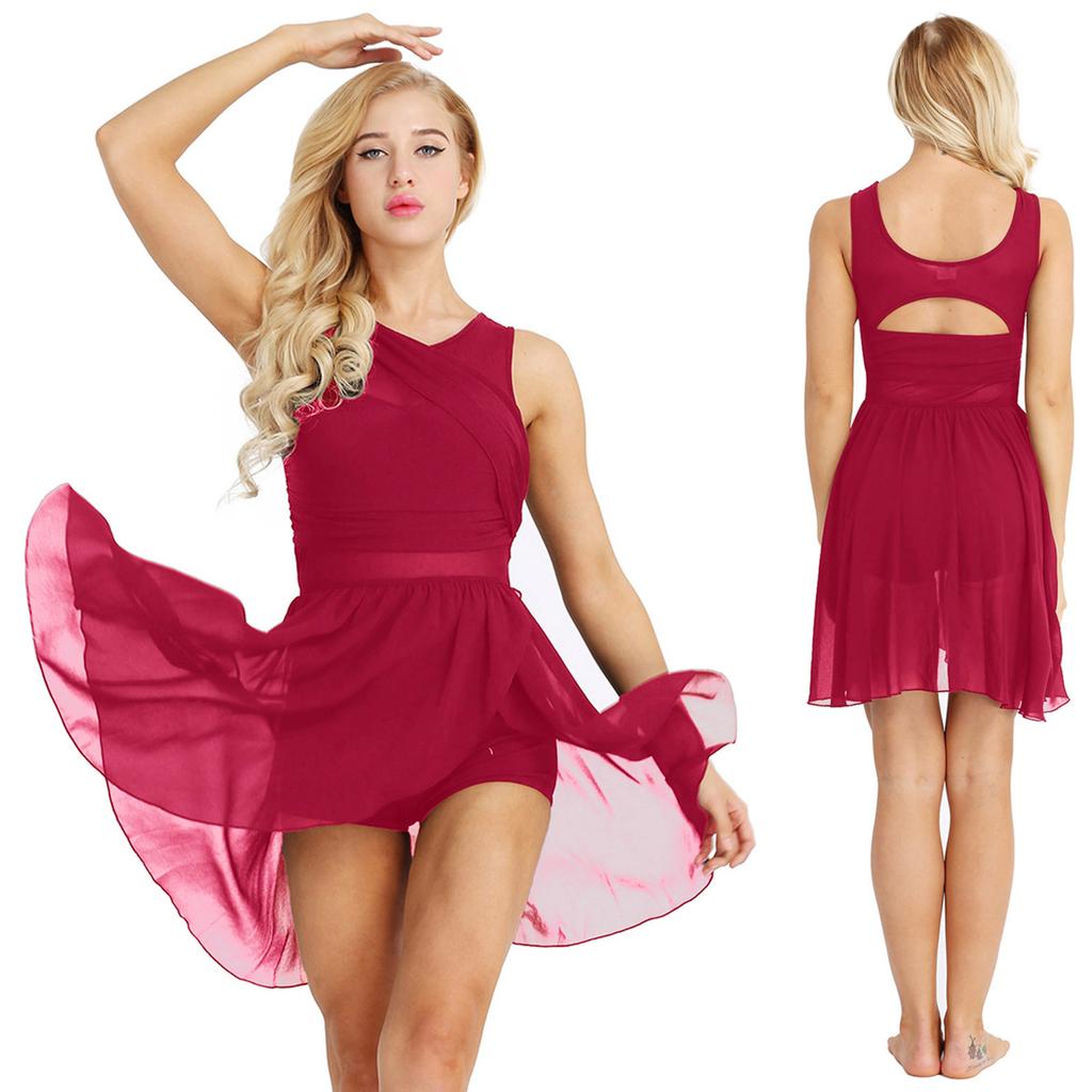Women Ballet Tutu Gymnastics Leotard Dress Sleeveless Asymmetrical Lyrical Dance Costumes Stretchy Dance Dress