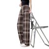 Women's 2025 Spring Retro Brown Plaid Wide-Leg Ice Silk Pants