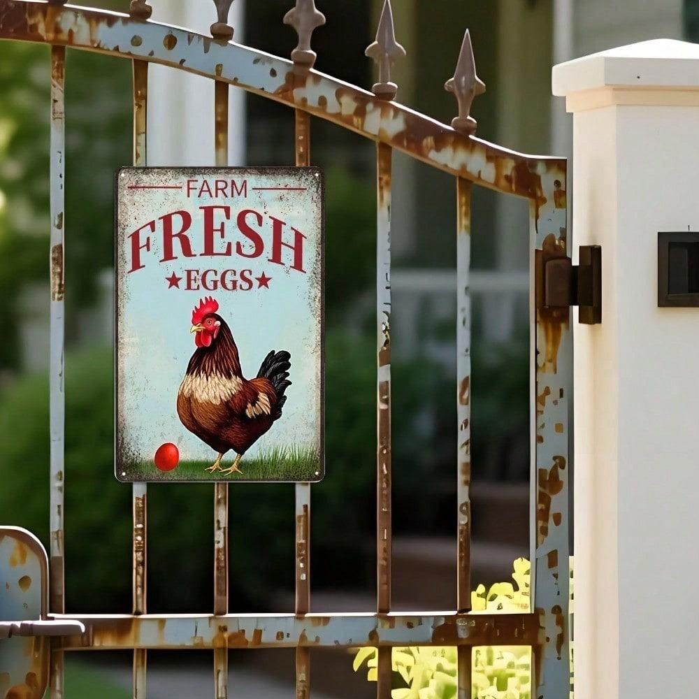Vintage Chicken Farm Eggs Metal Tin Sign, Rustproof UV Resistant 2D Flat Wall Art Decor
