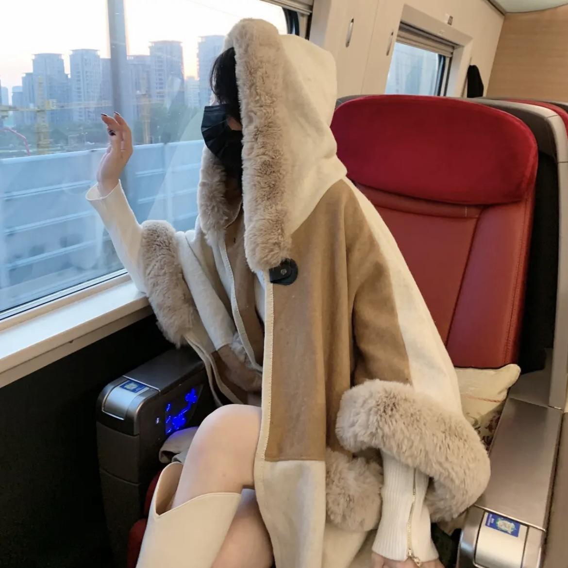 

Внешний контрастный цвет сращивания меховой воротник накидка цвет соответствия большой размер шерстяная куртка 0868 # one size fits all абрикосовый