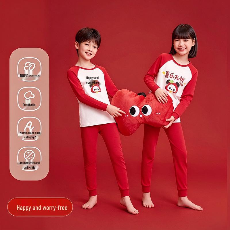 Kinder Rotes Warmes Jahr der Ratte Unterwäsche-Set - A-Klasse Antibakterielle Gekämmte Baumwolle Jili Pyjama