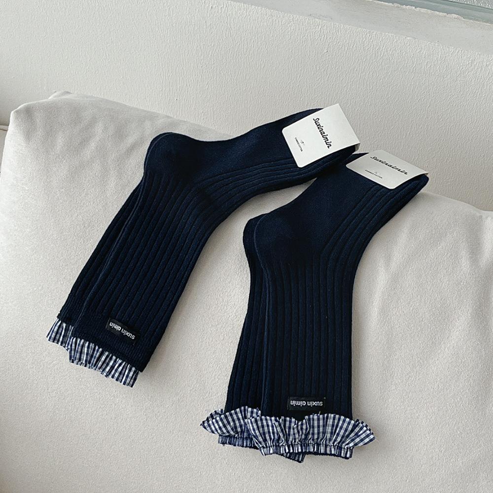 Lace socks children bow tube socks college style Japanese miu style blue stacking socks