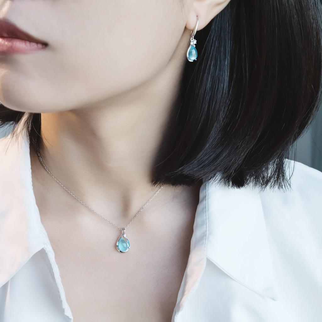 Aquamarine Earrings and Necklace March Birthstone Silver Light Birthday Accessories [FH.bird] Set, "Angel Stone", 925, Hypoallergenic, Rust-Resistant,