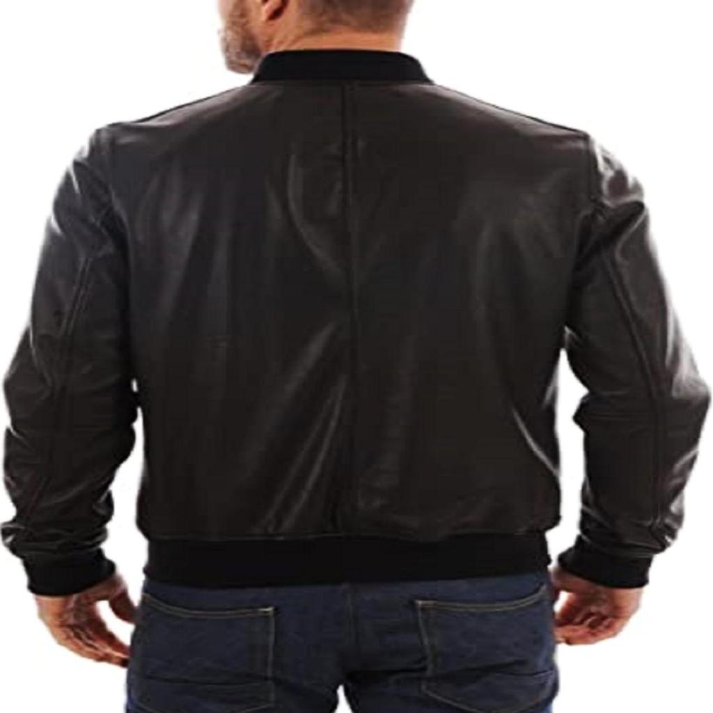 NOORA Men's Real Lambksin Black Leather Bomber Jacket ST071