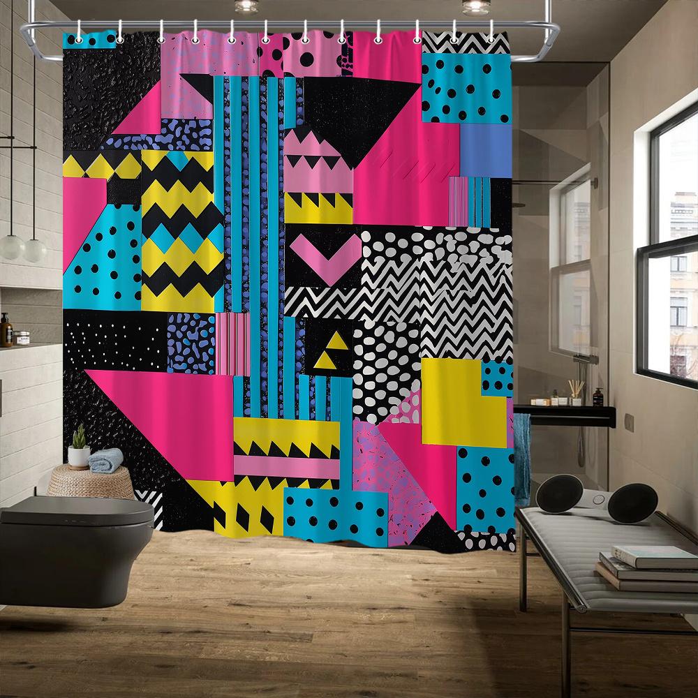 Abstract Geometric Shower Curtain – Bold Color Blocks & Pop Art Design, Vibrant Pink, Blue & Black Pattern, 70.8x70.8in, 90x180cm35x71in