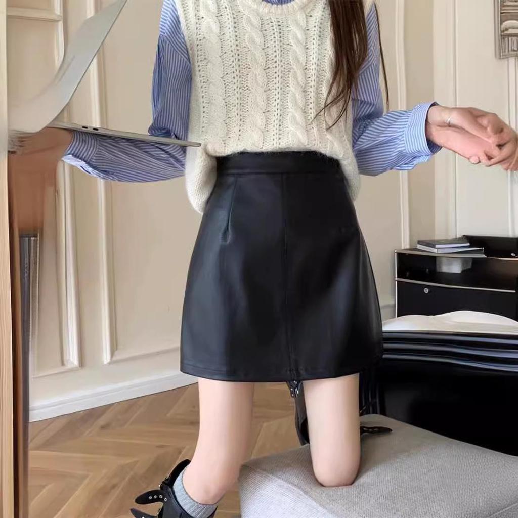 Chic Women's High-Waist A-line Leather Midi Skirt - Slimming & Versatile Spring Wear