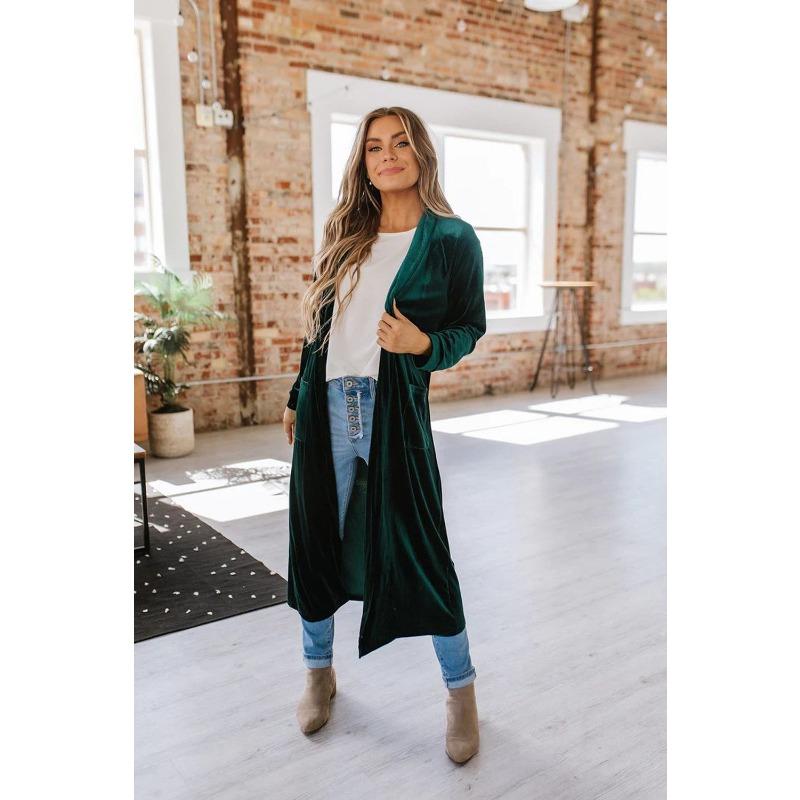 Long Velvet Cardigan Buttonless Coats Solid Loose Long Sleeved Shawl Jacket for Women