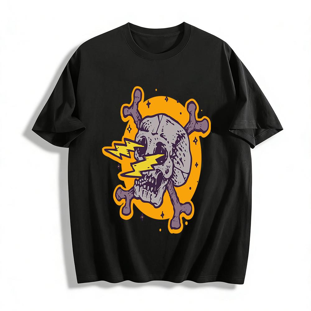 

Vintage Lightning Skull Print Streetwear Loose Casual T-Shirt Pure cotton T-shirt XXS