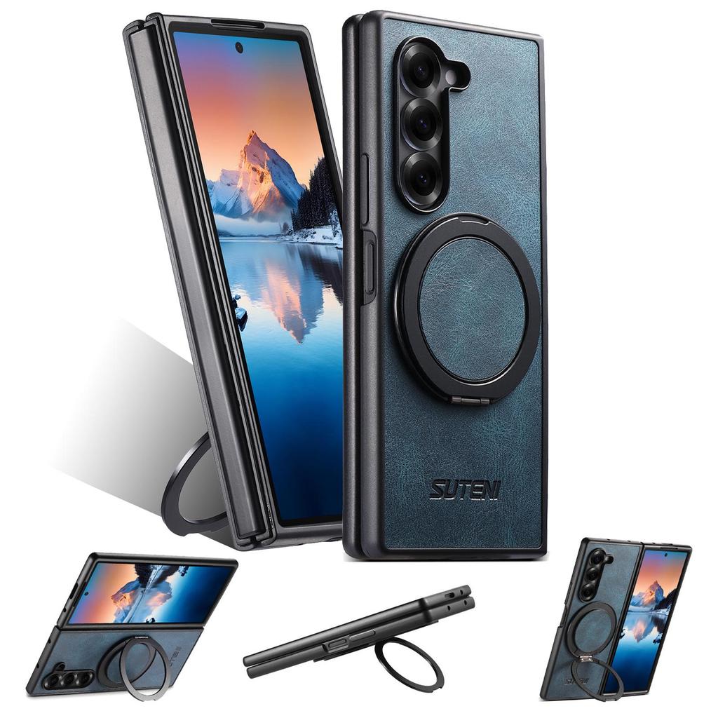 Samsung Z Fold7/6/5 Magnetic Wireless Charging Case with 360° Rotating Ring Stand and Leather Finish