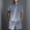 Men Grey White Vertical Thin Stripe Short Sleeve Tee And Matching Shorts Two Piece Suit