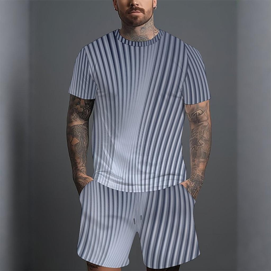 Men Grey White Vertical Thin Stripe Short Sleeve Tee And Matching Shorts Two Piece Suit