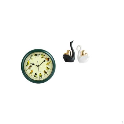 Melodic Birds Wall Clock with Green Frame And Swan Figurines Tabletop Ornament for Bedroom