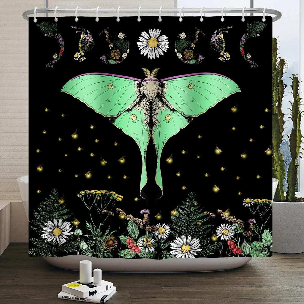 Moth Shower Curtain Moon Phase Butterfly Mushroom Psychedelic Tarot Gothic Shower Curtain for Bathroom Waterproof Bath Curtain