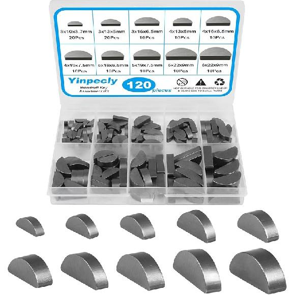 Yinpecly 120Pcs Woodruff Key Assortment Kit, 10 Popular Sizes Of Half Moon Keys, Metric Keyway And Key Stock Set,Woodruff Semicircle Key, Shaft Crank