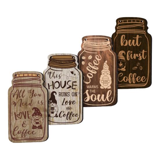Coffee Bar Accessories 4Pcs Wooden Wall Sign, Farmhouse Rustic Mason Jar Hanging Restaurant Decorative Wood Plaque Decoration, Art for Cafe