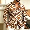 Men's Collar Button Up Long Sleeved Shirt, Black and White Abstract Geometric Full Print Shirt, Street Trendy Casual Loose Top