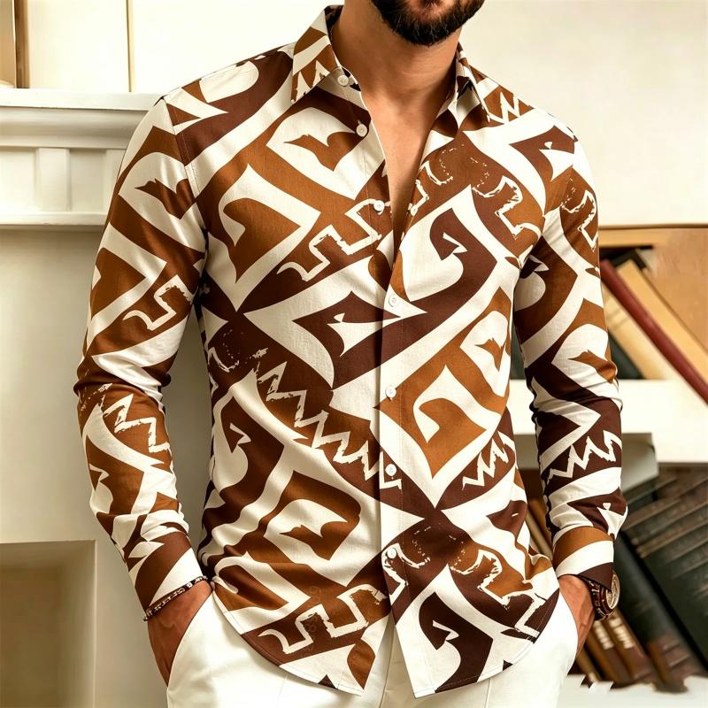 Men's Collar Button Up Long Sleeved Shirt, Black and White Abstract Geometric Full Print Shirt, Street Trendy Casual Loose Top