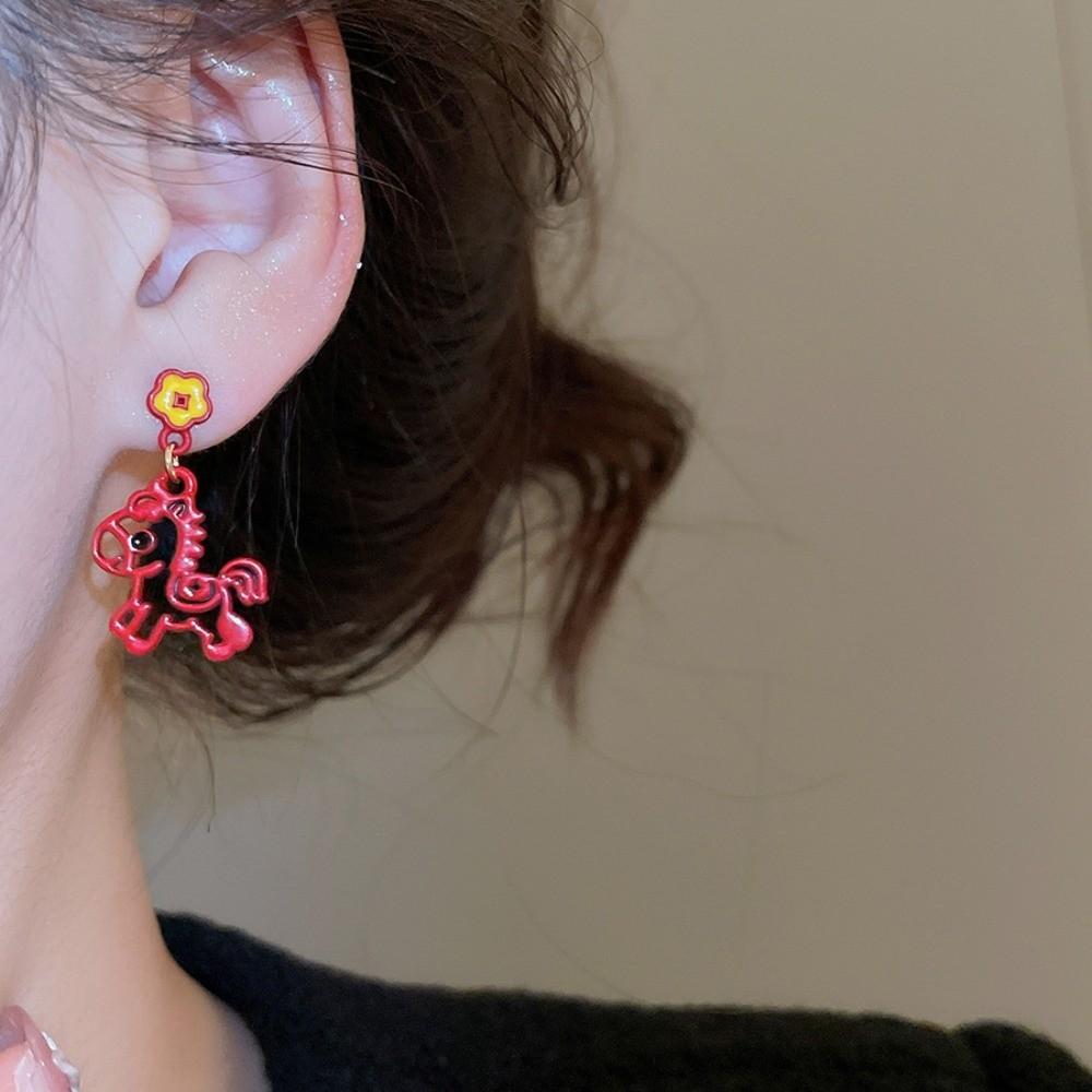 Chinese Style Red Pony Earrings Cartoon Horse Horse Mascot Drop Earrings  Party