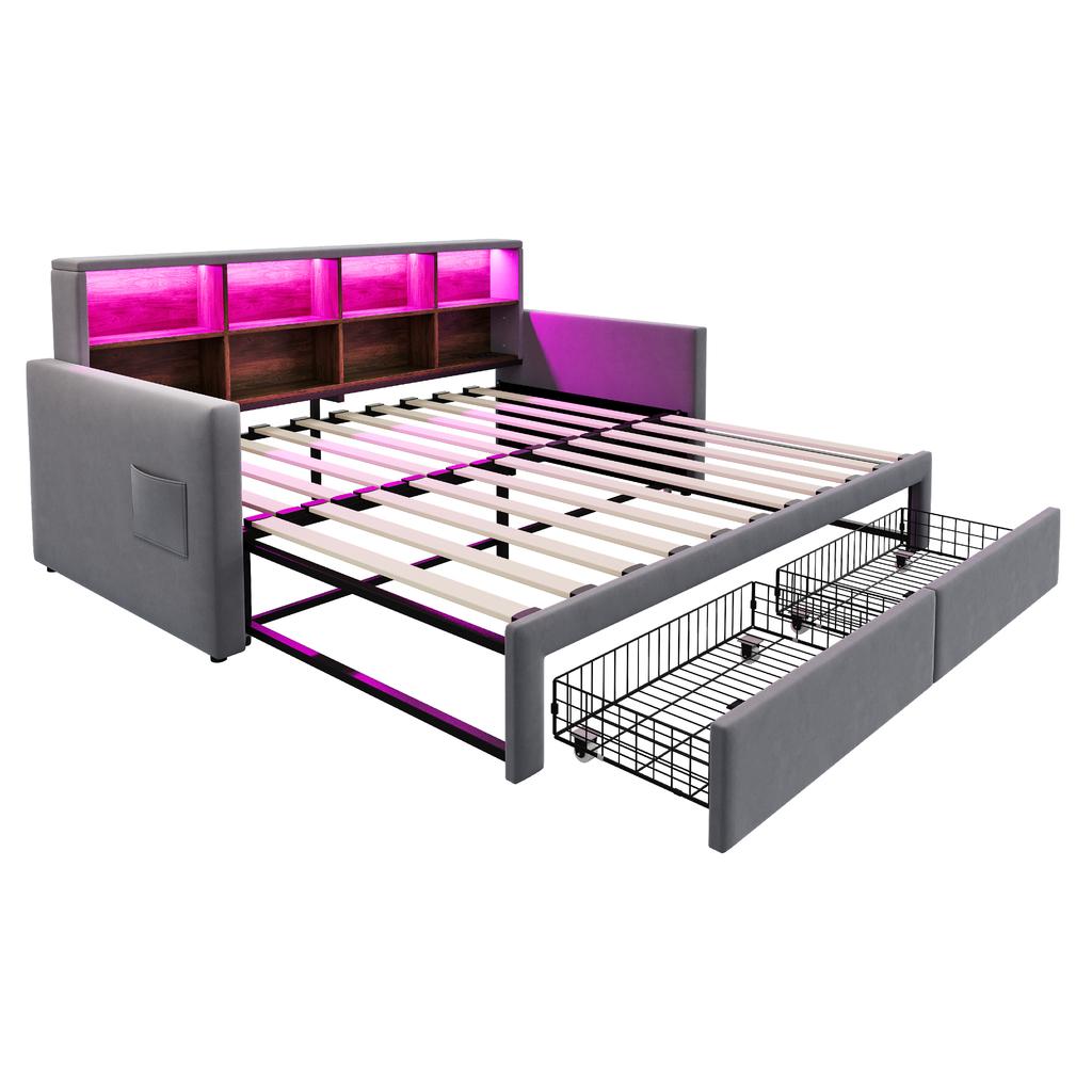 Pull-Out Upholstered Sofa Bed 90/180 X 190 Cm, Headboard with Storage, LED Strip, Charging Sockets, Two Drawers, Slatted Frame, Velvet Dark Grey
