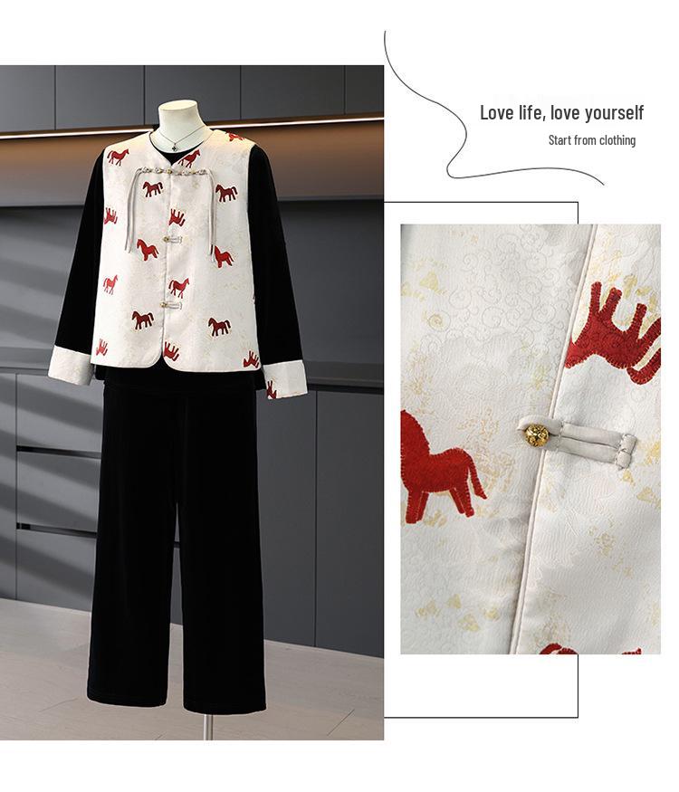 New Chinese Style Year of the Horse Vest: Elegant Spring Triple-Piece Suit for Middle-Aged & Elderly Women