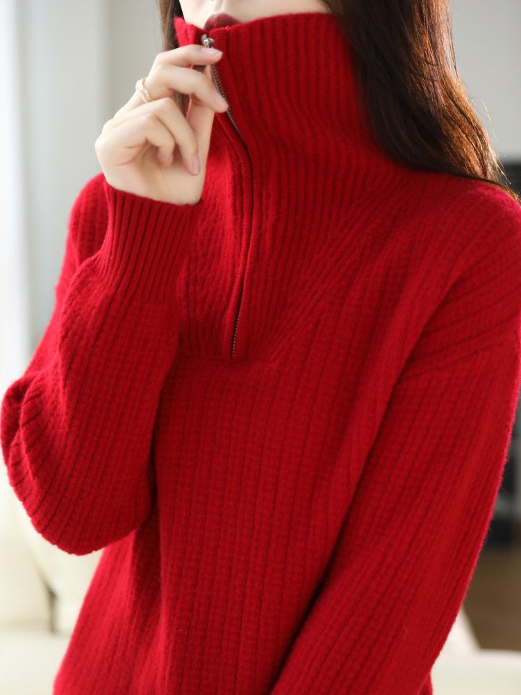Women's 100% Pure Wool High-Neck Half-Zip Thickened Cashmere Sweater - Loose Knit Solid Color Pullover