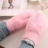 1 Pair Adults Mittens Thickened Stretchy Soft Fuzzy Cozy Cold Resistant Solid Color Windproof Winter Women Gloves for Outdoor