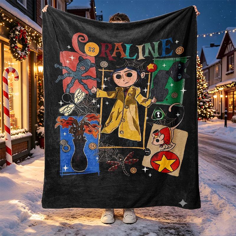 Coraline Pattern Blanket for Home Decoration, Bed, Sofa, Car Travel, Camping, Suitable for All Seasons, Birthday Christmas Gift