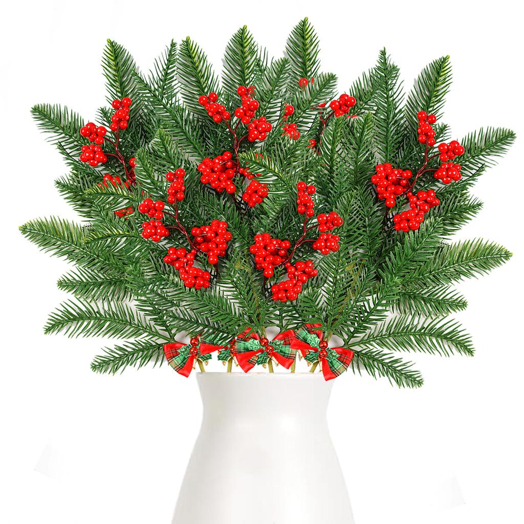 Buchet Artificial de Crăciun Simulare Plantă Verde 49Cm Ac de Pin de Crăciun Decor Acasă Buchet Fructe Roșii Cedru