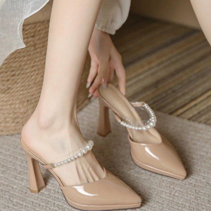 High Heel Sandals Women's Summer Simple Pointed Pearl Chain Thin High Heel Sandals Slippers Women
