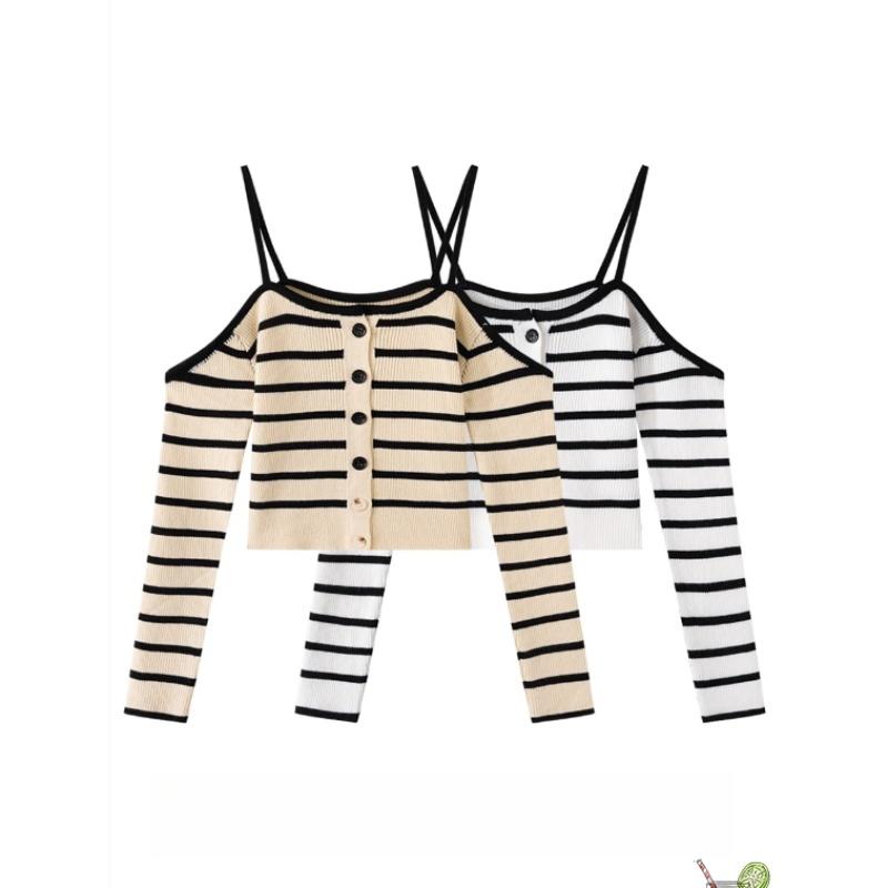 A Unique and Distinctive Off-the-shoulder Striped Knitted Sweater with A New Design Sense, A Fitted Short Long-sleeved Sweater Top