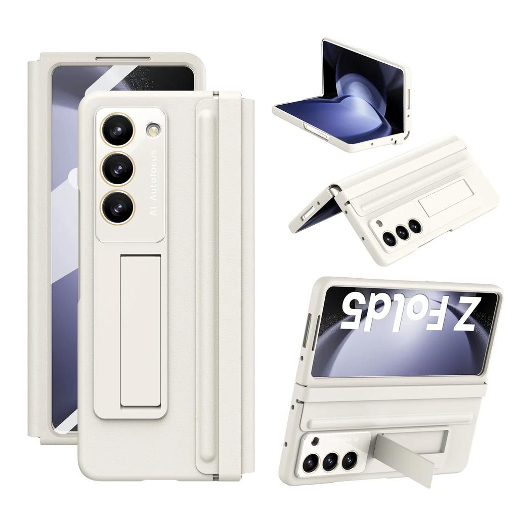Luxury Leather With Holder Fold5 Fold6 Hinge Protector Case For Samsung Galaxy Z Fold 6 5 4 5G With Glass Screen Protector Cover