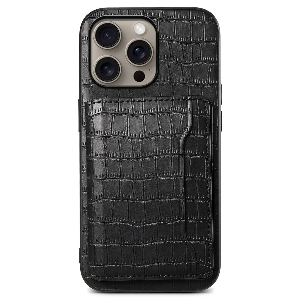For iPhone 16 Pro Max Case Card Holder Kickstand Crocodile Texture Leather Back Phone Cover