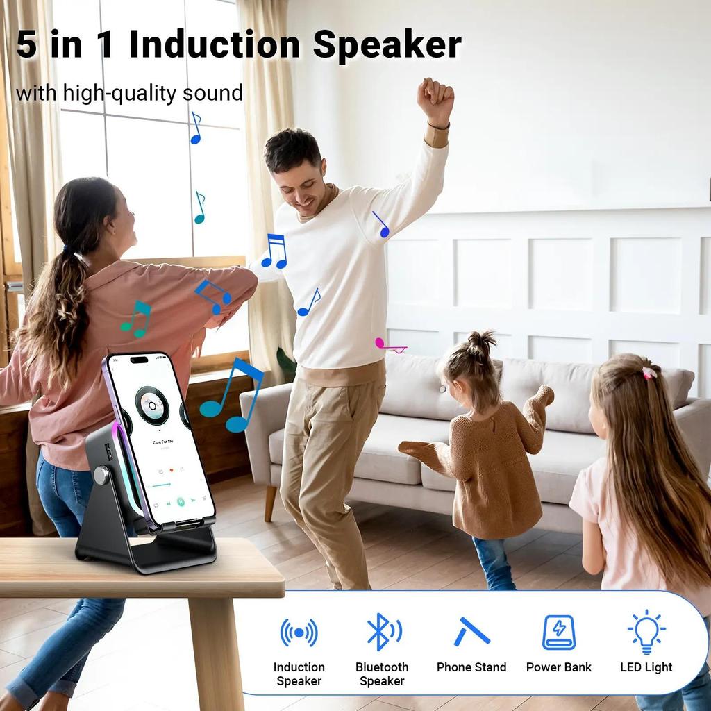 Wireless Induction Audio Speaker Stand, 5in1 Cellphone Holder, 3500mAh Rechargeable Emergency Power Bank