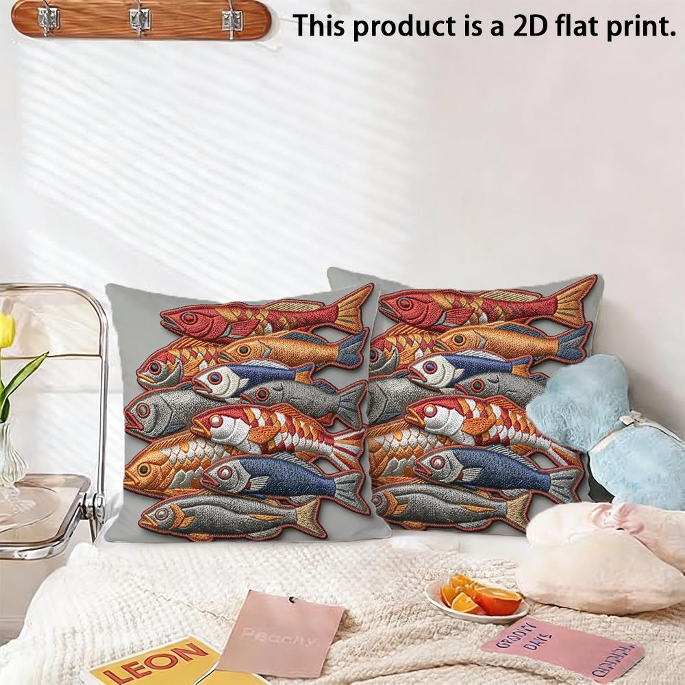 2pcs 2 Pack Rustic School of Fish Decorative Throw Pillow Covers,2D Flat Print Farmhouse Coastal Cushion Cases