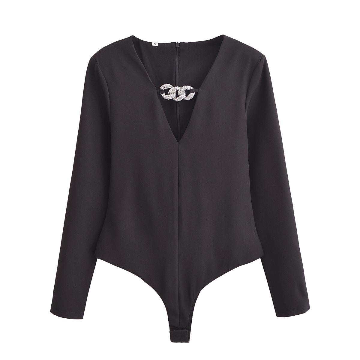 

2025 Spring Women s Slim V-Neck Jewel-Embellished Long-Sleeved Bodysuit L