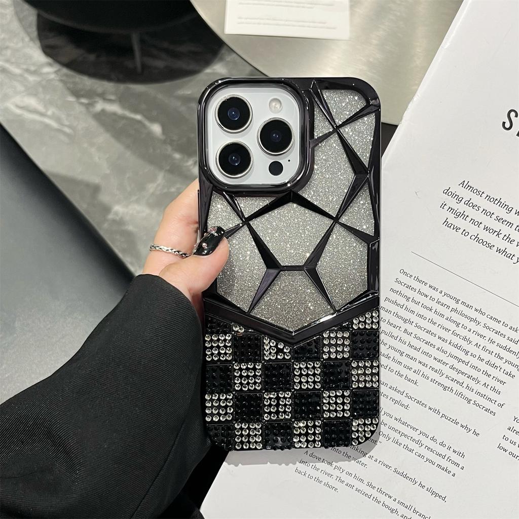 For iPhone 16 Pro Max Case with Glitter Paper Plate Geometric Diamond Pattern Rhinestone Electroplating TPU Phone Cover