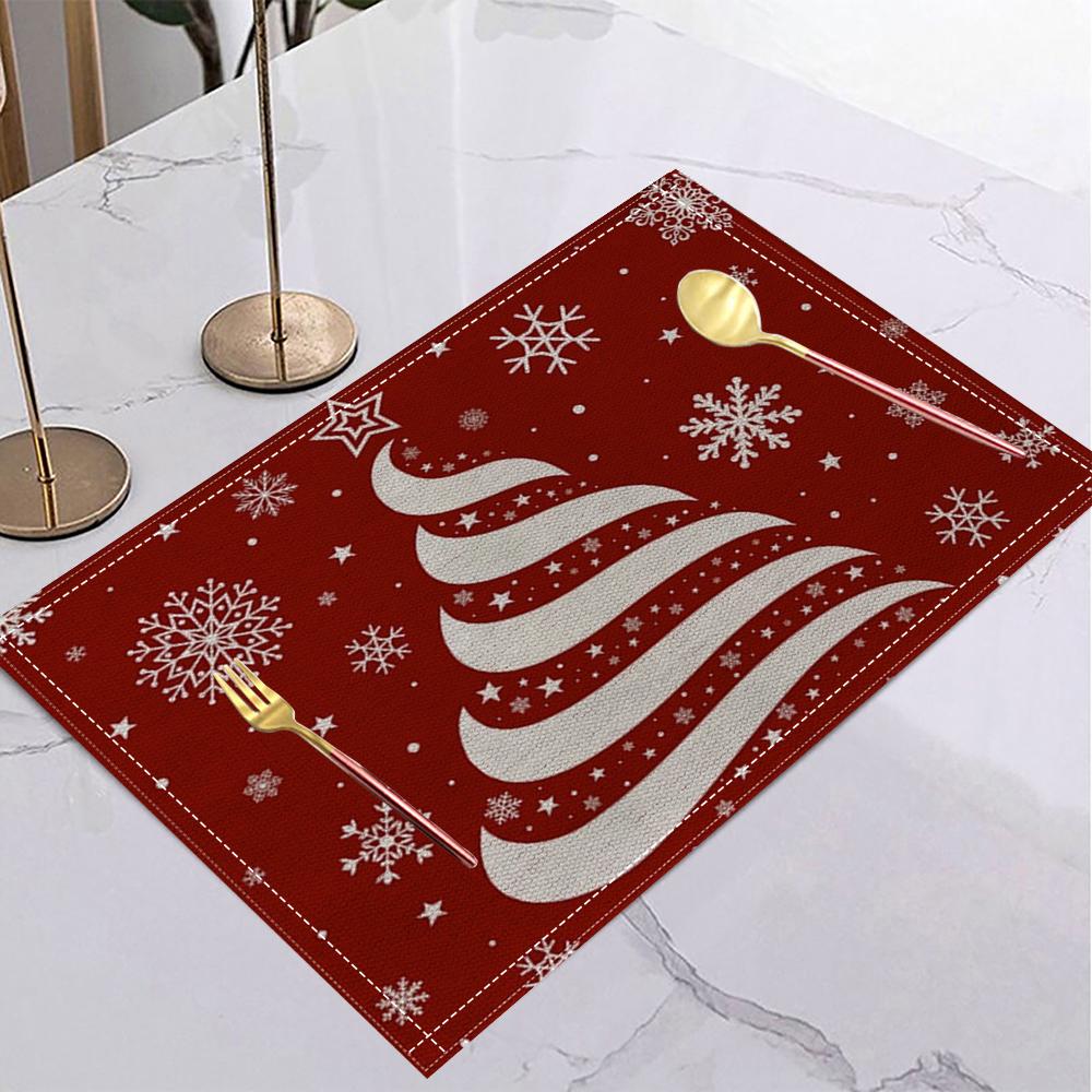 Christmas Red Linen Placemat Table Coffee Mat Spiral Tree Candy Cane Snowflake Stocking Let It Snow Merry Xmas Decor Kitchen