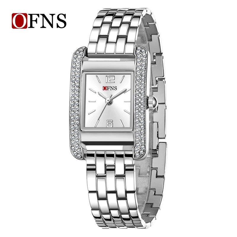 OFNS Elegant Women's Square Dial Watch: Simple Niche Bar Markers, Waterproof, Luxury Diamond Inlaid Quartz.